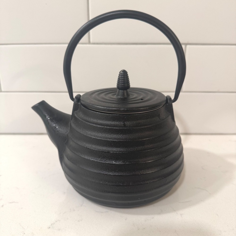 Black Cast Iron Ribbed Japanese Tetsubin Teapot with Stainless Steel Infuser